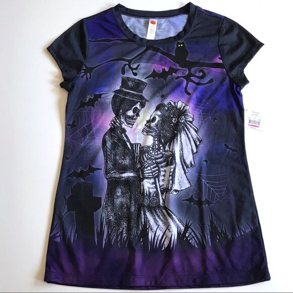 Skeleton Bride & Groom Gothic Halloween Dia de los Muertos Tee Sz L NWT - Picture 2 of 13